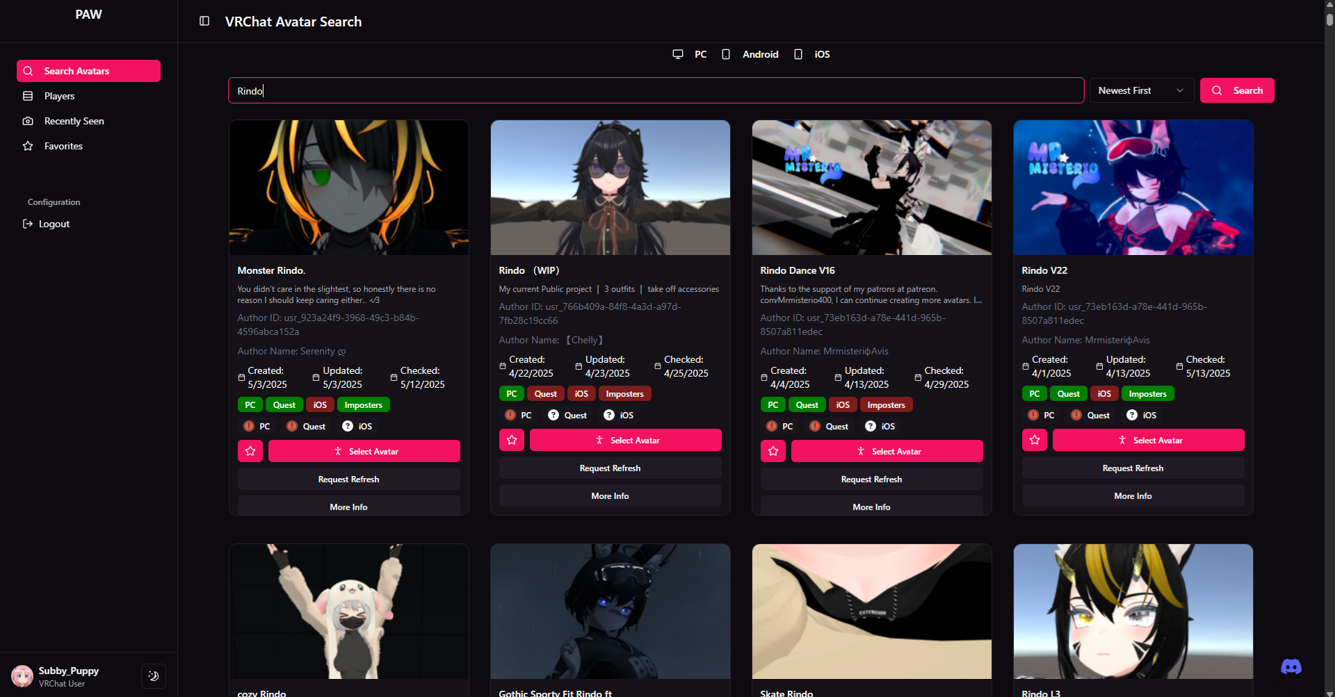 PAW App Interface - Search Results